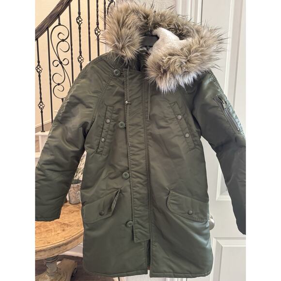 Women’s Small American Eagle Olive Green Winter Coat Parka Long Jacket Fur Hood - Picture 1 of 7